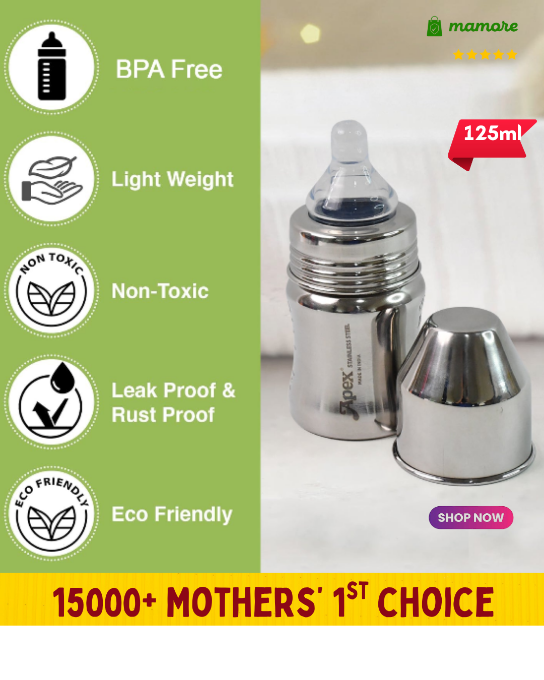 Apex Premium Stainless Steel Baby Feeding Bottle (125 Ml  1 Pc) -  4.9-star rating! ⭐⭐⭐⭐