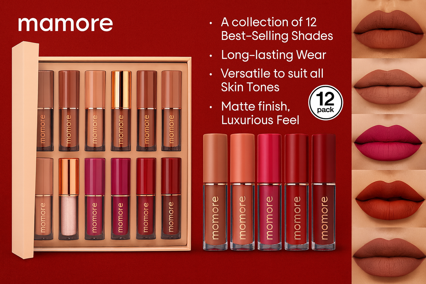 The Empress Collection: Mamore 12-Piece Matte Liquid Lipstick Set – Waterproof, Long-Lasting Velvet Finish | 4.9⭐/5 Rated by 17000+ Confident Woman