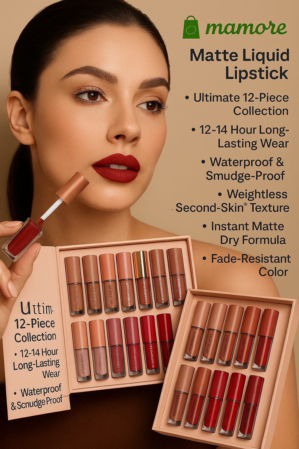 The Empress Collection: Mamore 12-Piece Matte Liquid Lipstick Set – Waterproof, Long-Lasting Velvet Finish | 4.9⭐/5 Rated by 17000+ Confident Woman