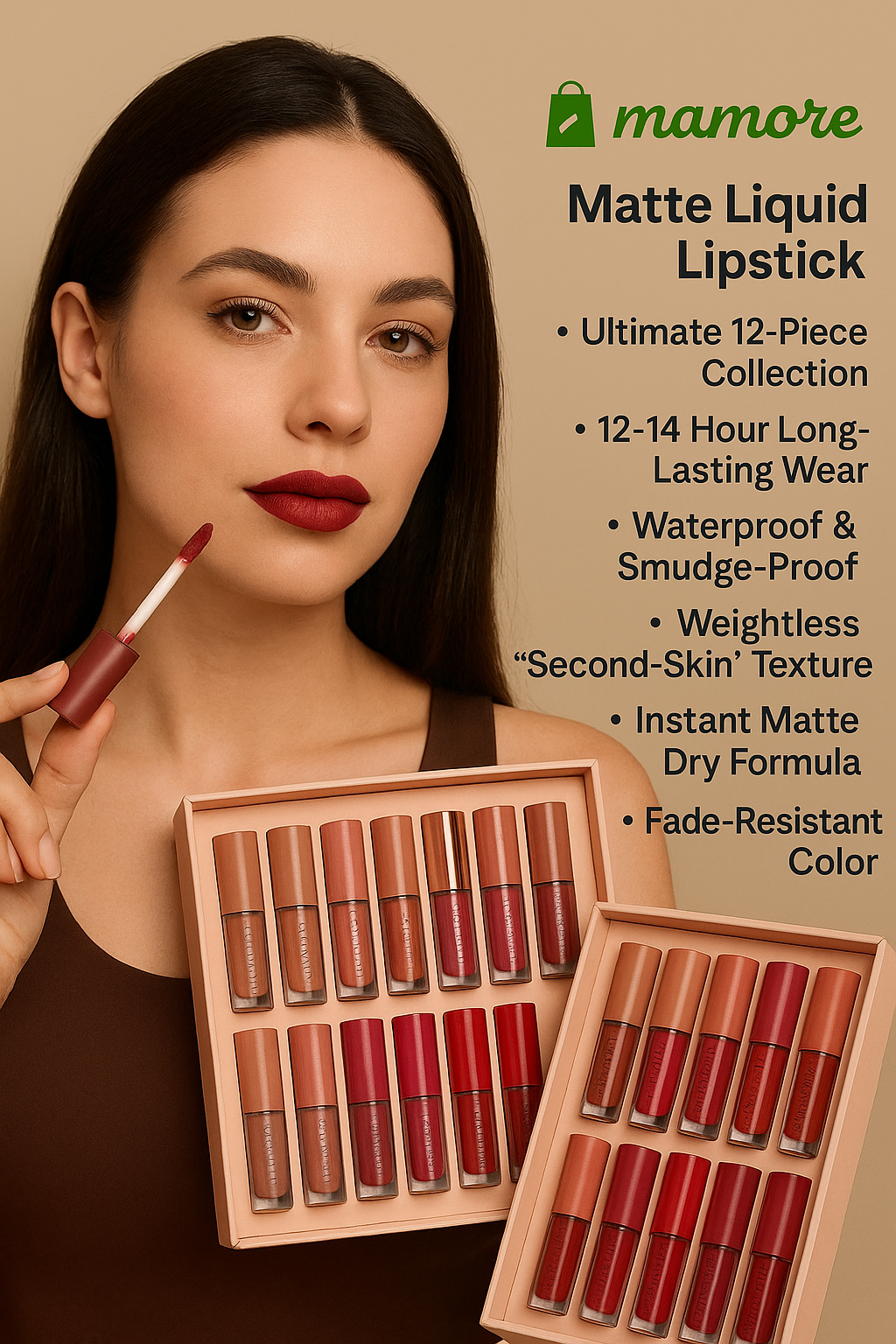 The Empress Collection: Mamore 12-Piece Matte Liquid Lipstick Set – Waterproof, Long-Lasting Velvet Finish | 4.9⭐/5 Rated by 17000+ Confident Woman