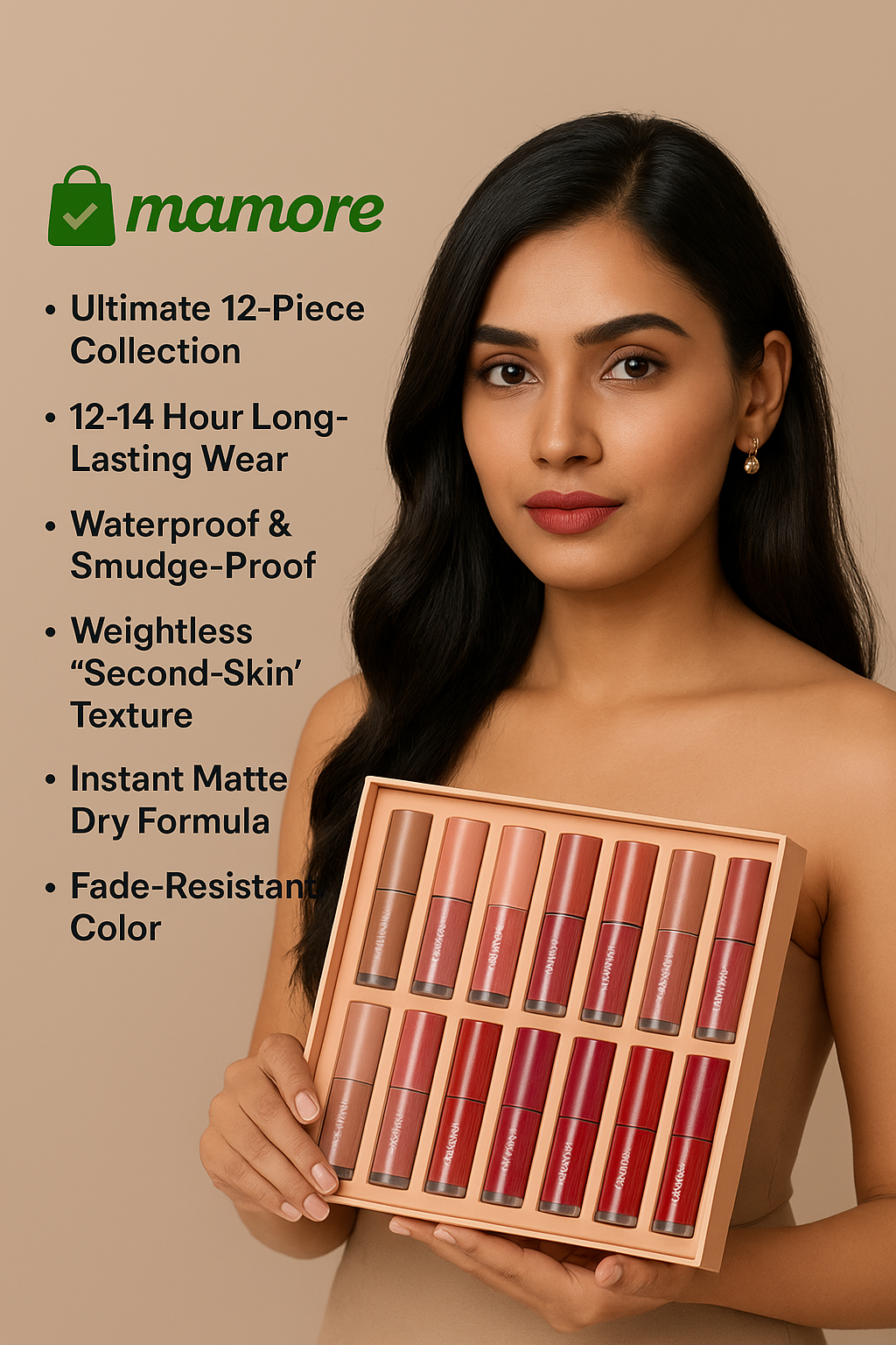 The Empress Collection: Mamore 12-Piece Matte Liquid Lipstick Set – Waterproof, Long-Lasting Velvet Finish | 4.9⭐/5 Rated by 17000+ Confident Woman